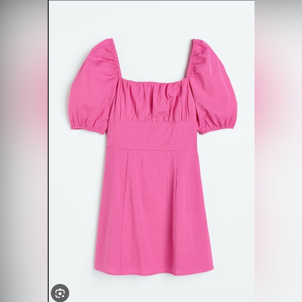 H&M Divided Puff-Sleeve Pink Cerine Cotton Linen Mini Dress Size M